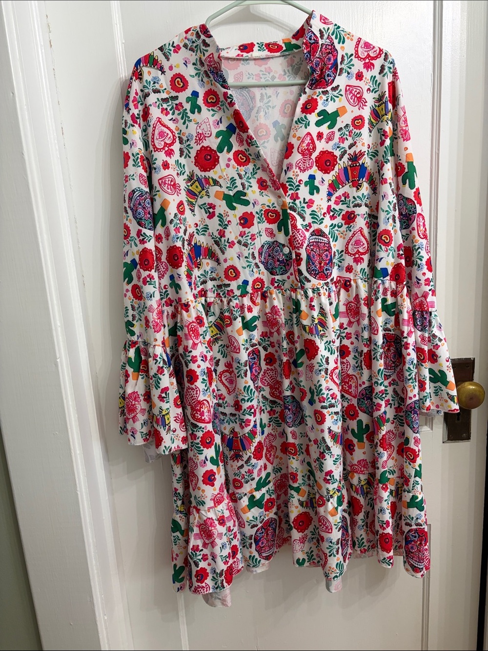 Boho Floral Tiered Smock Dress - White with Pink & Green Floral Print
